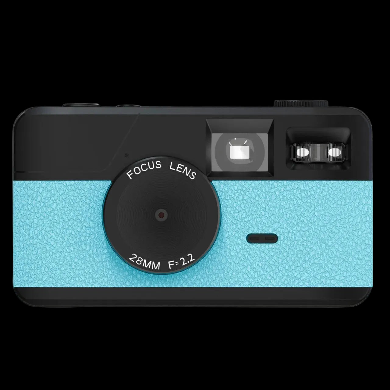 Blue camera with black accents on a white background